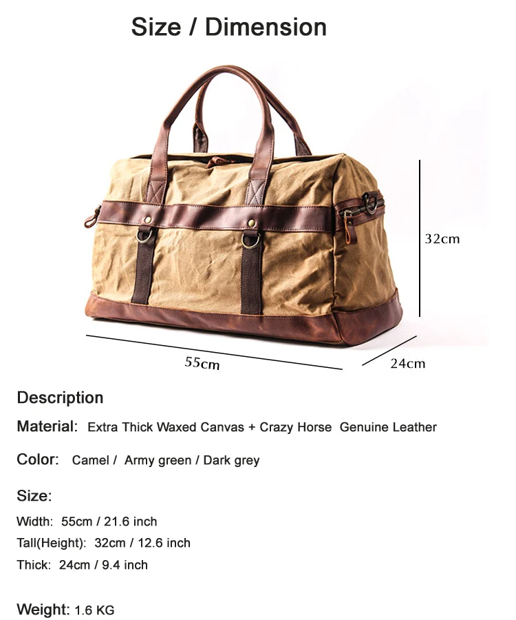 Waterproof Waxed Canvas Leather Men’s Travel Duffle Bag - Large Tote, Weekend & Overnight - Image 2
